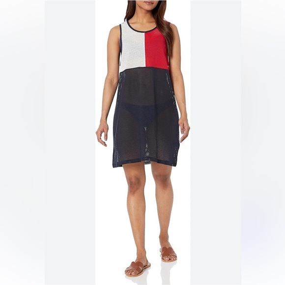 Tommy Hilfiger Mesh Swim Dress Cover Up Color Block Navy Blue Red White NWT - Picture 1 of 6
